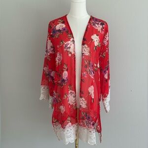 Rewind Red Floral Kimono/Cardigan with Crotchet Trim - L